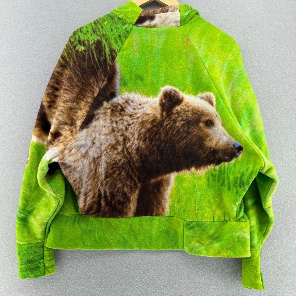 VTG‎ Upcycled Nature Graphic Fleece Jacket Bear Wildlife Green SZ M Blanket Y2K